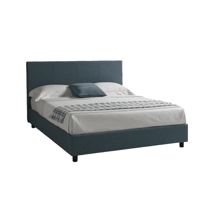 Cama tapizada azul con cabecero de paneles verticales Cama tapizada azul con cabecero de paneles verticales