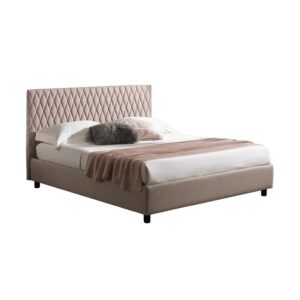Cama tapizada beige con cabecero capitoné en rombos
