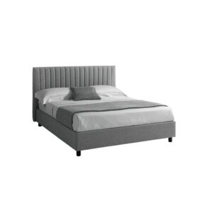 Cama tapizada gris con cabecero de canales verticales