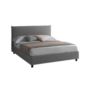 Cama tapizada gris con cabecero acolchado envolvente