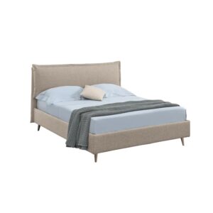 Cama tapizada en bouclé con patas de madera